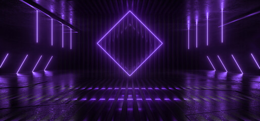 Neon Glowing Sci Fi  Glowing Purple Violet Futuristic Laser Beams Bouncing On Dark Grunge Concrete Tiled Floor Night Stage Showroom Garage Warehouse Cyber Background 3D Rendering