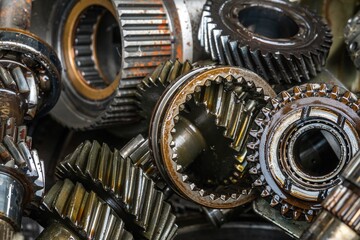 used transmission gearbox part at junkyard or scrapyard for recycling with selective fucus