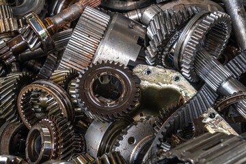 used transmission gearbox part at junkyard or scrapyard for recycling with selective fucus