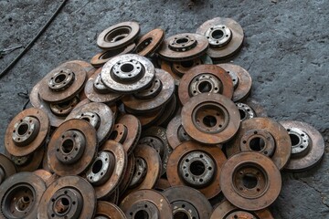 used brake rotor and car part at junkyard or scrapyard for recycling