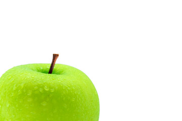 Green apple with water droplet on peel isolated on white background.
