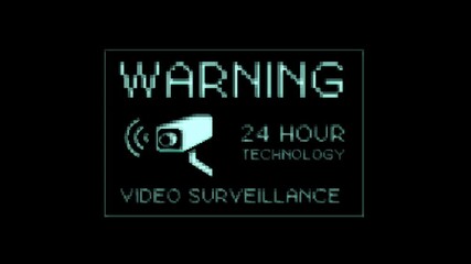 Warning 24 Hour Video Surveillance Technology Sign/ 4k animation of a security video surveillance message with digital text blinking and glitch and twitch textured effect