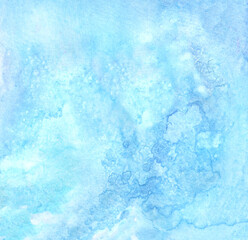 abstract texture background made with watercolor light blue paint with splatter and blots