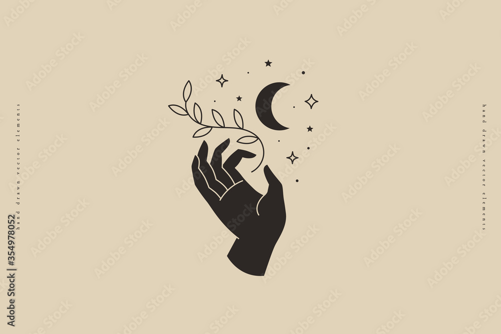 Poster Hand keeps branch with sheets on background of crescent and stars. Trendy minimalistic magic symbol on light background. Vector illustration for organic cosmetics and packaging for handmade products.