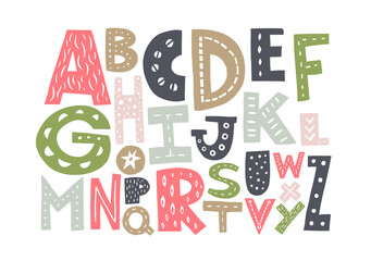 Decorative alphabet poster. Perfect for nursery decor, baby apparel, print. Hand drawn cartoonish A-Z letters. 