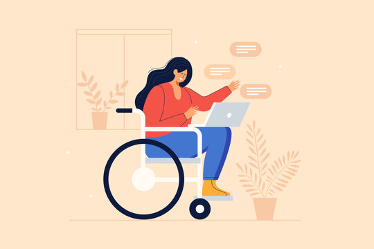 Young joyful girl in a wheelchair communicates via internet applications on a laptop. Communication and correspondence through social networks of people with reduced mobility. Vector illustration.