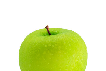 Green apple with water droplet on peel isolated on white background.