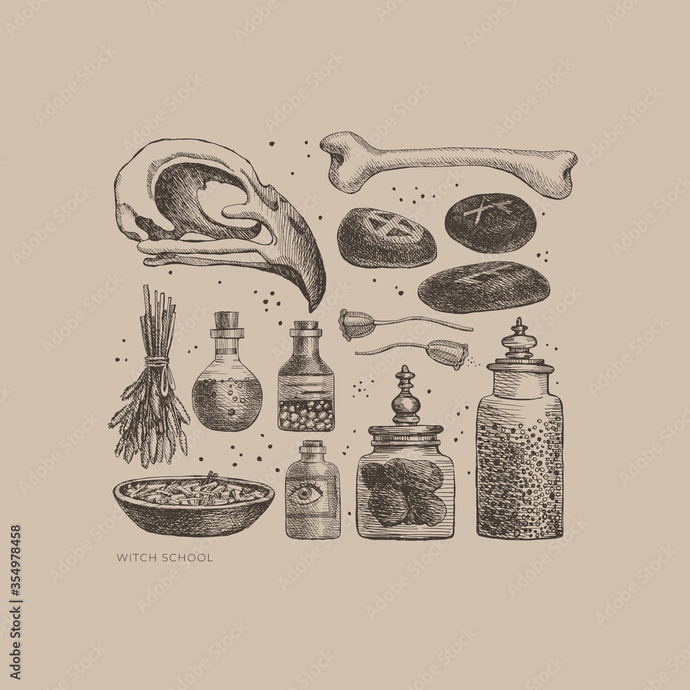 Poster monochrome set of mystical items for witchcraft vector illustration. elements of witch or wizard set