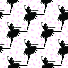 Dancing ballerina silhouette seamless pattern. Performing dancer repeating background. Vector illustration for ballet textile, paper, decor. 