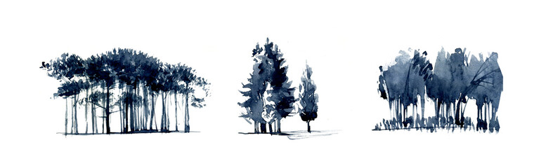 Group of trees silouette realistic illustration isolated on white.Set of realistic trees illustration isolated on white