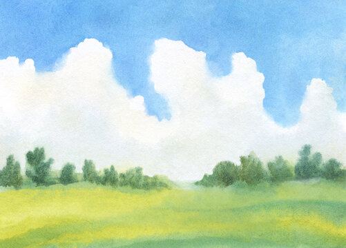 watercolor abstract landscape with big clouds, green field and distant trees. hand painted illustration