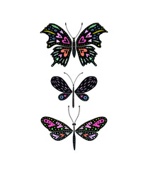 Decorative butterfly silhouette isolated on white background. Creative cut out, linocut vector illustration, clip art. 
