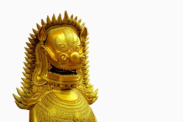Gold Pixiu or Lion statue of China isolated on white background. Chinese good wealth animal.