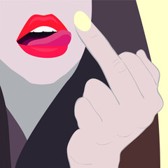 young girl with red lips stuck out her tongue and shows the middle finger
