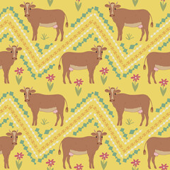 Seamless pattern of cow with ethnic ornament elements. Repeatable textile vector print, wallpaper design.