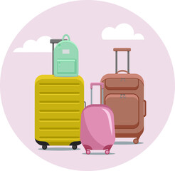 Travel suitcases and backpack flat illustration with clouds on the background. Concept vacation holiday, traveler luggage, baggage.