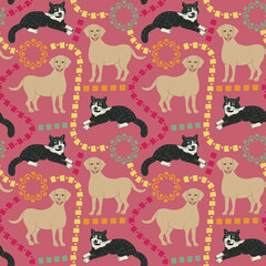 Seamless pattern of dog and cat with ethnic ornament elements. Repeatable textile vector print, wallpaper design.