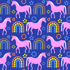 Seamless pattern of unicorn with ornamental rainbow. Repeatable textile vector print, wallpaper design.