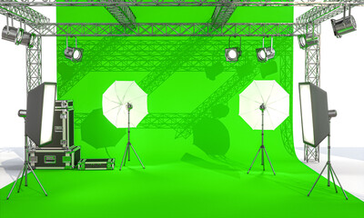 photographic set with lights and professional equipment on a green screen