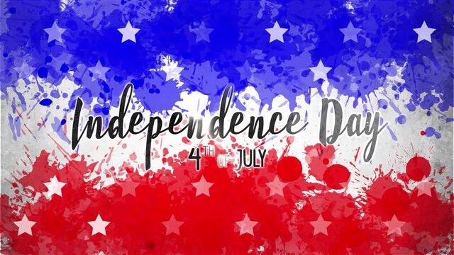 Animation. Independence Day 4th of JULY . Background of USA flag drawing made of blue, red watercolor drops, and flickering white stars. Template for USA national holiday banner, greeting card