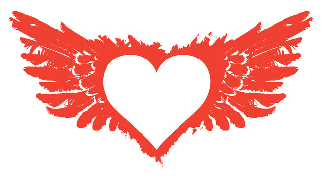 Flying heart. Vector graphic abstract illustration of a white heart with red wings isolated on white background. Suitable for valentine card, photo frame, t-shirt design, tattoo, design element
