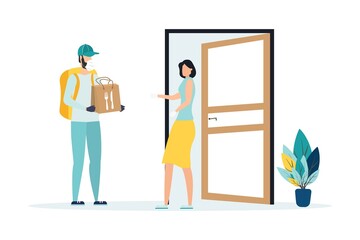 Safe food delivery. isolation due to the COVID-2019 coronavirus. The courier leaves the parcel at the door
