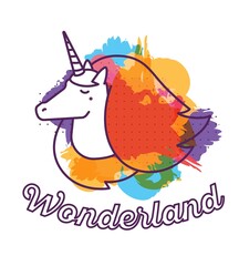 Vector multicolor illustration of cute magic unicorn head with horn, mane, curls and word wonderland.