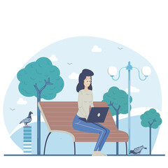 Freelancer working remotely. Online Conference Meeting. Work from home. Freelancer working on laptop. Home office.  Flexible schedule concept. Flat Vector illustration
