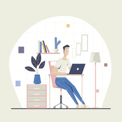 Male freelancer working remotely. Online Conference Meeting. Work from home. Freelancer working on laptop. Home office.  Flexible schedule concept. Flat Vector illustration
