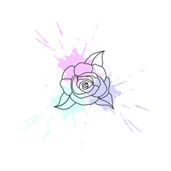 Vector illustration with black contour roses in pastel color blots.
