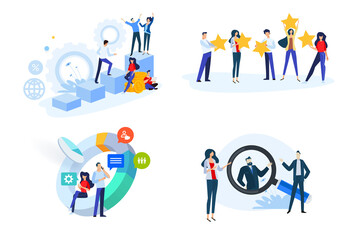 Flat design style illustrations of startup, business plan, star rating, market research, Human Resources. Vector concepts for web banner, marketing material, business presentation, online advertising.