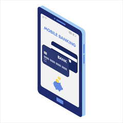 Mobile money transfer app isometric illustration. Online banking system. Mobile payment. Smartphone global transactions. E-money infographic. Digital wallet. Web, app, banner design. Isolated vector