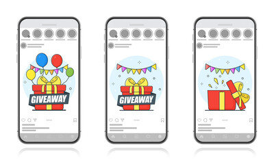 Giveaway. Free marketing concept. Gift draw with balls. Screen template for a mobile smartphone. Flat cartoon style on a white background. Vector illustration.
