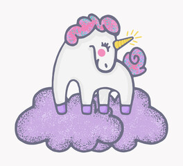 Vector illustration with funny unicorn in the clouds. Colorful doodle with cute pony with pink mane.