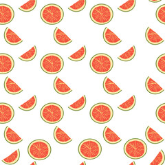 Seamless pattern with the parts, slices, half of a pink grapefruit. Fruit, citrus pattern. Pink fruit on a white background