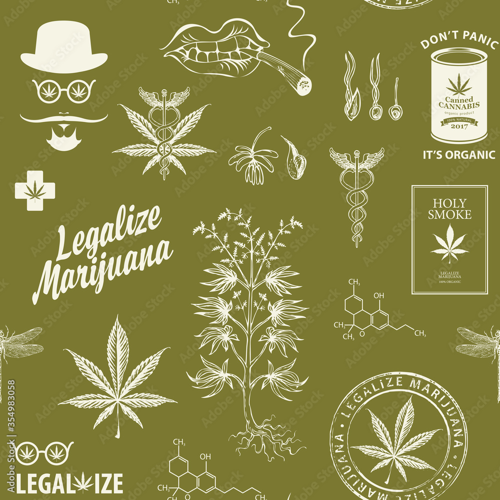 Aufkleber vector seamless pattern in retro style on the theme of marijuana legalization. repeatable background