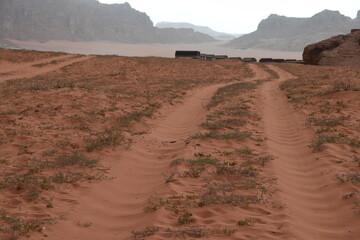 Way to an overnight camp for tourists visiting the beautiful scenery of Wadi Rum Desert, Jordan