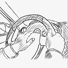 Man's hands driving a car.  Sketch illustration in black and white color.