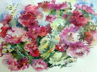 Abstract bright colored decorative background . Floral pattern handmade . Beautiful tender romantic bouquet off aster flowers , made in the technique of watercolors from nature.