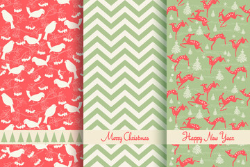 Creative Hand Drawn textures. Set of vector seamless patterns. For Christmas, wedding, birthday, anniversary, Valentine's day, party invitations. Turquoise and Pink. Snow. Chevron. Deer.