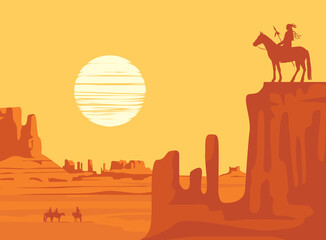 Naklejka premium Vector Western landscape with American prairies and a silhouette of an Indian riding a horse with spear on top of a cliff at the yellow sunset. Wild West vintage background, decorative illustration