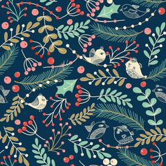 Merry Christmas, Happy New Year seamless pattern with toys, fir cone, holly leaves and berries for greeting cards, wrapping papers. Seamless winter pattern. Vector illustration.