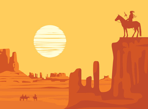 Vector Western landscape with American prairies and a silhouette of an Indian riding a horse with spear on top of a cliff at the yellow sunset. Wild West vintage background, decorative illustration