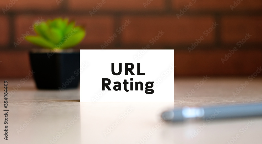 Poster url rating text of business concept on white list and with pen and a black pot with a flower behind