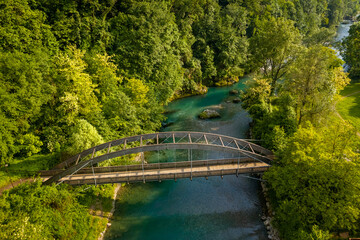 Drone view of the Serio river and old bridge