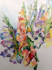 Abstract bright colored decorative background . Floral pattern handmade . Beautiful tender romantic bouquet off gladiolus flowers , made in the technique of watercolors from nature.