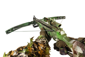 First person view hunter hands with crossbow isolated on white background.