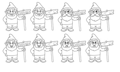 
Coloring book with cartoon gnomes holding a sign welcome a set of eight characters. Isolated on a white background. Stock illustration