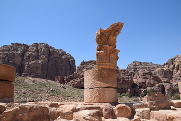 The ruins of the great temple with walls, stairs and columns in Petra, Wadi Musa, Jordan
