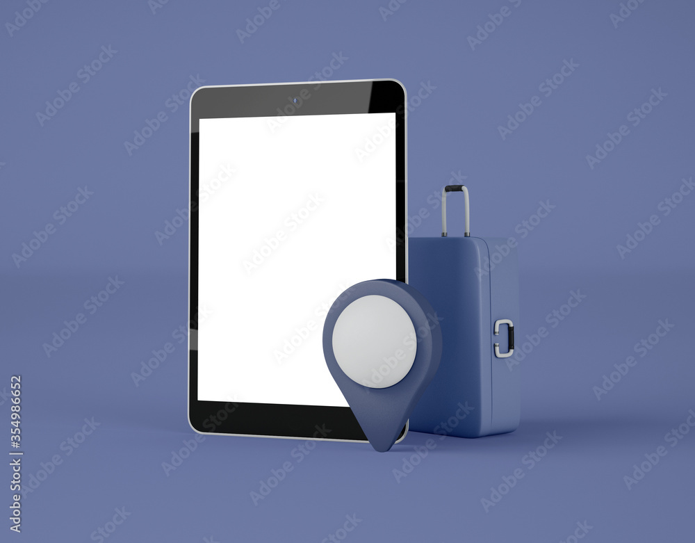 Poster 3d illustration. digital tablet with map pointer and suitcase.